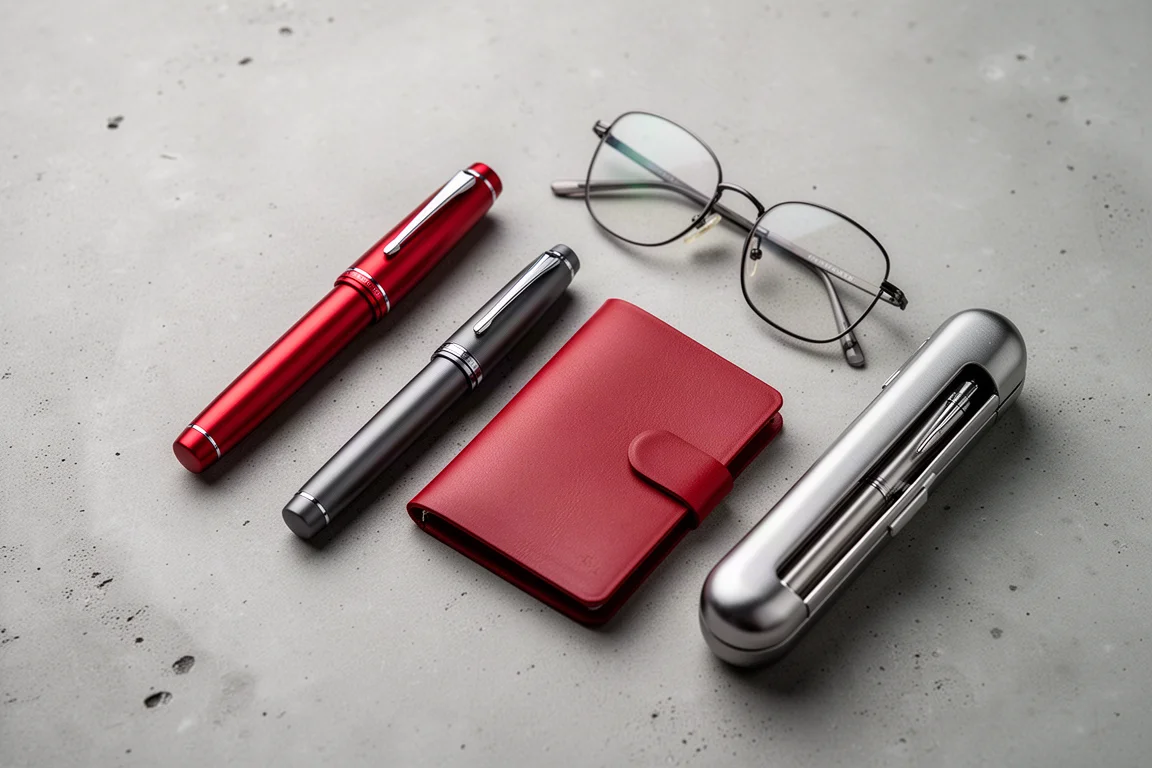 Flat-lay of the Montblanc M Red with everyday carry items on a desk