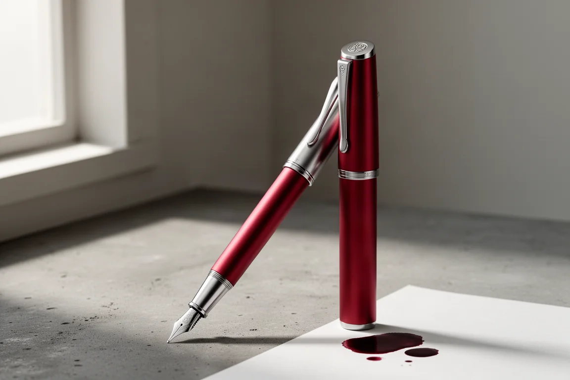 Montblanc M Red 鋼筆以傾斜角度立於混凝土表面上