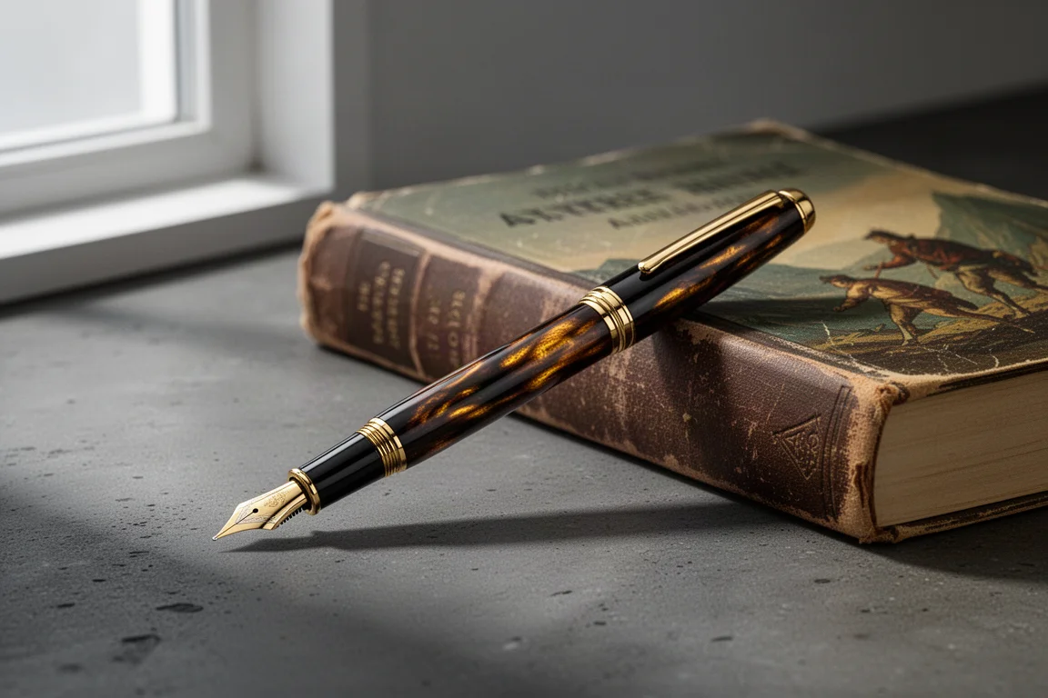 Elegant lacquered fountain pen with gold trim beside a hardcover novel