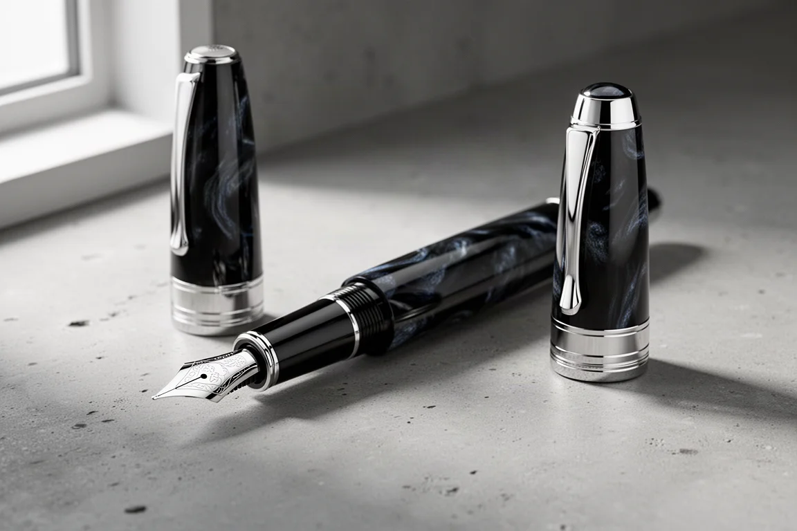 Penna stilografica con finiture in platinum, calotta nera marmorizzata e pennino in oro bianco su cemento