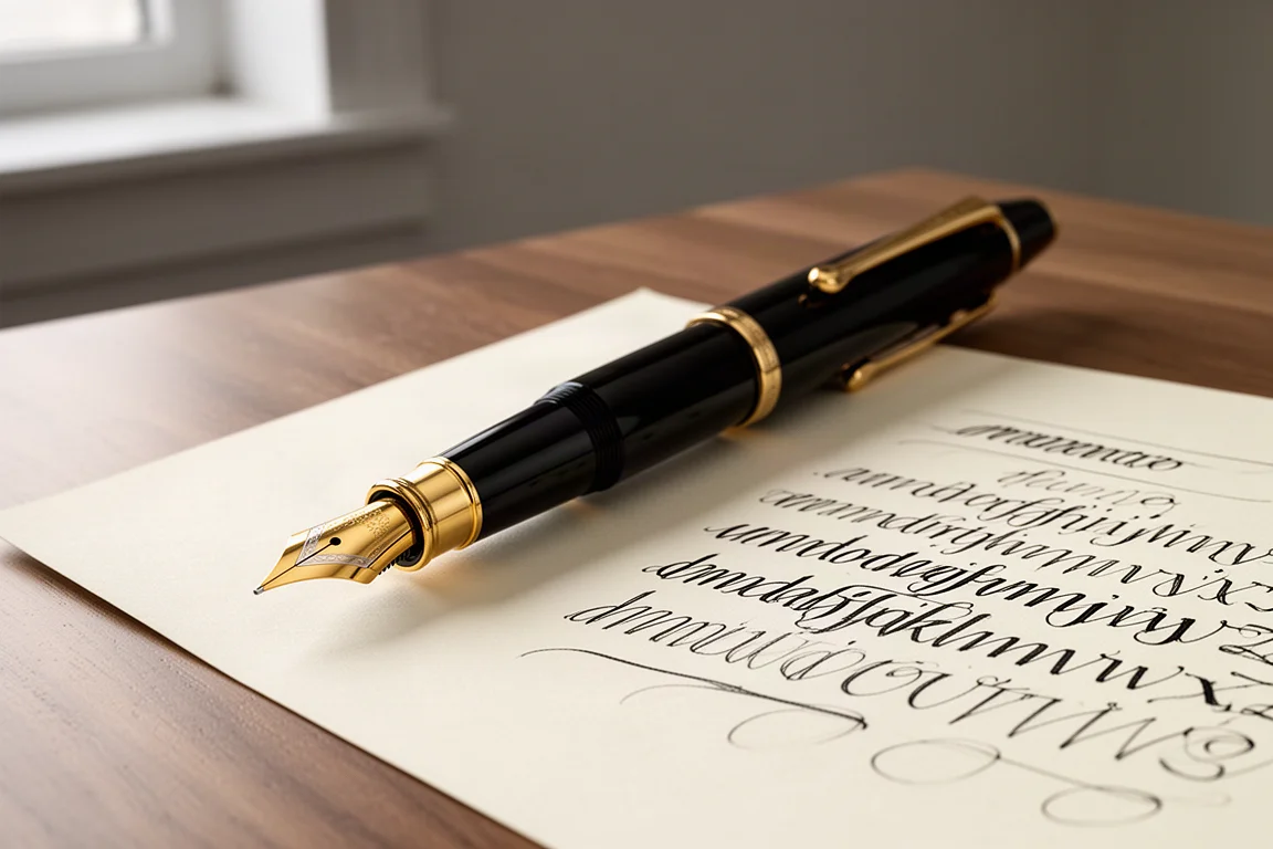 Penna stilografica in resina nera con finiture oro e pennino ricurvo in oro accanto a carta da calligrafia