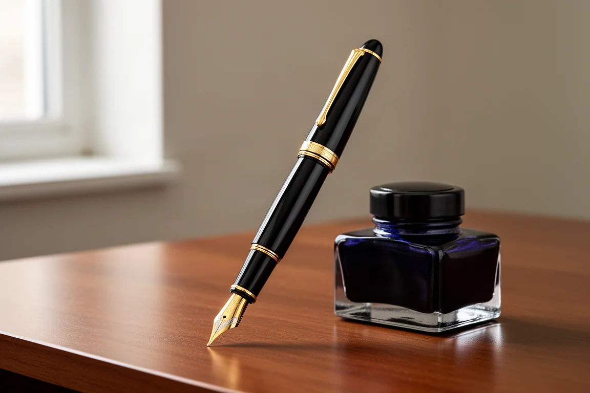 Fountain pen di punta nera e oro accanto a un flacone di inchiostro blu su una scrivania in legno