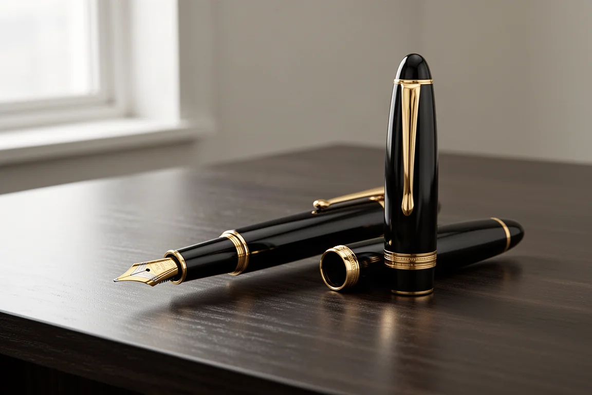 Grande penna stilografica nera e oro su una scrivania di legno scuro