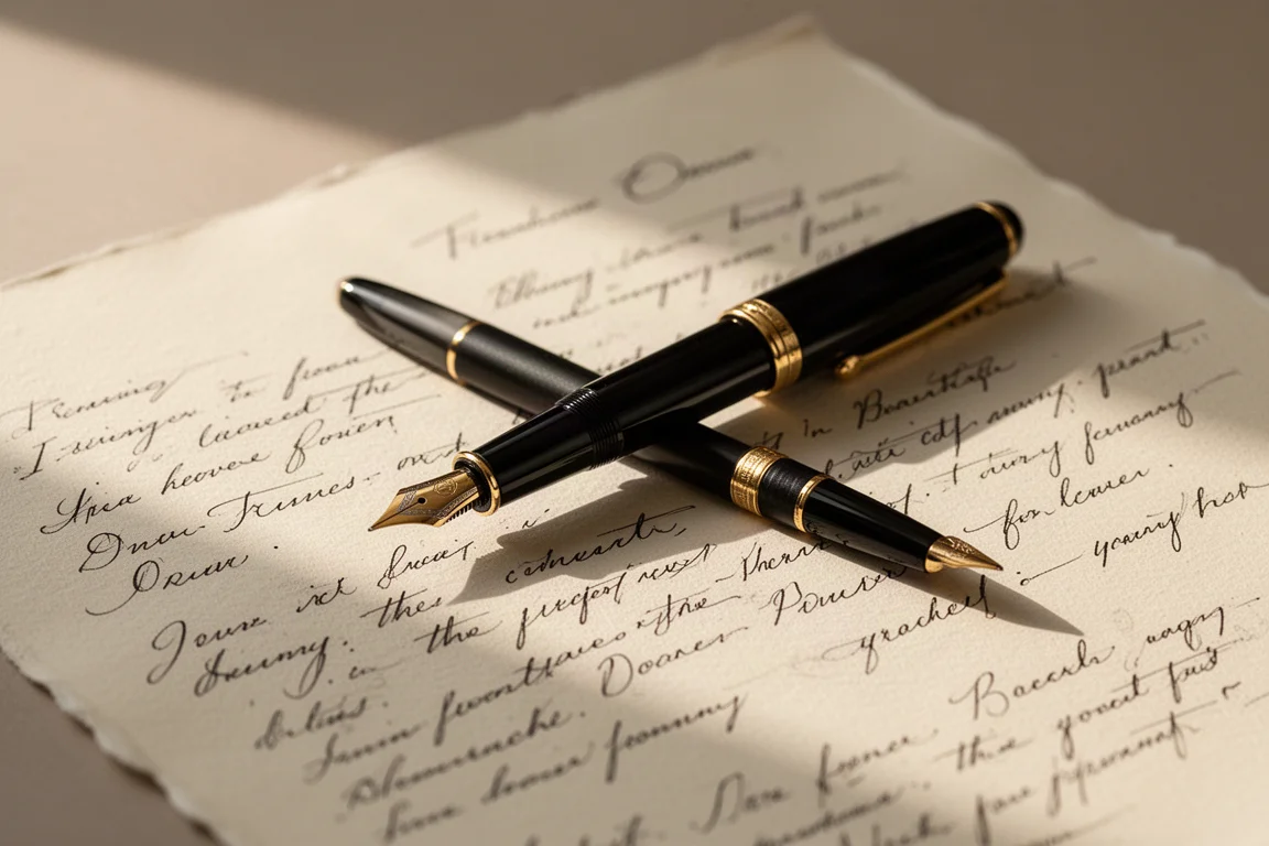 Black resin fountain pen resting on a cream sheet of paper with handwritten notes