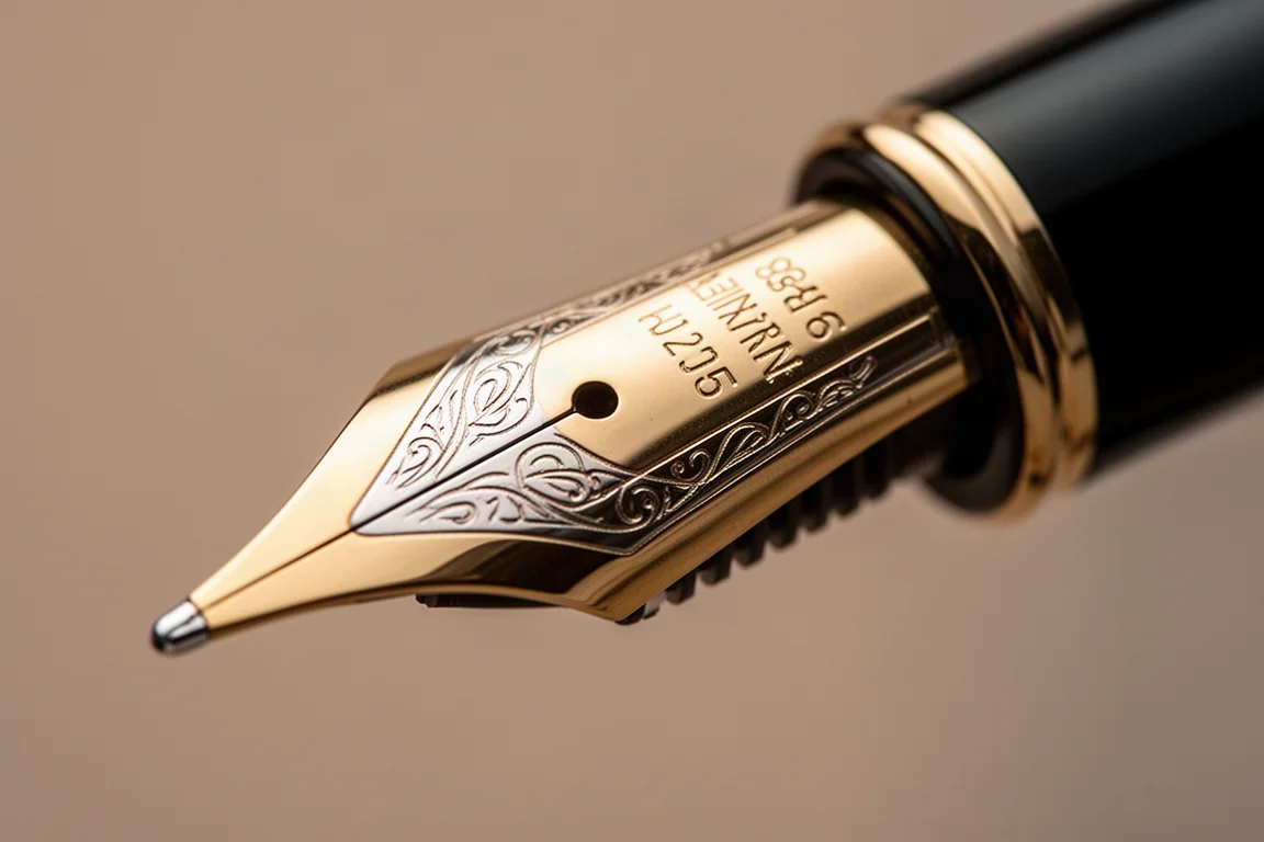 Two-tone gold fountain pen nib in sharp macro detail