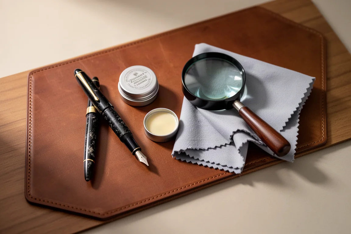 Secondhand fountain pens and restoration polish arranged on a wooden desk