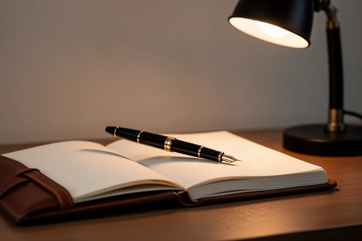 Fountain pen poised over a leather-bound journal on a dim evening desk