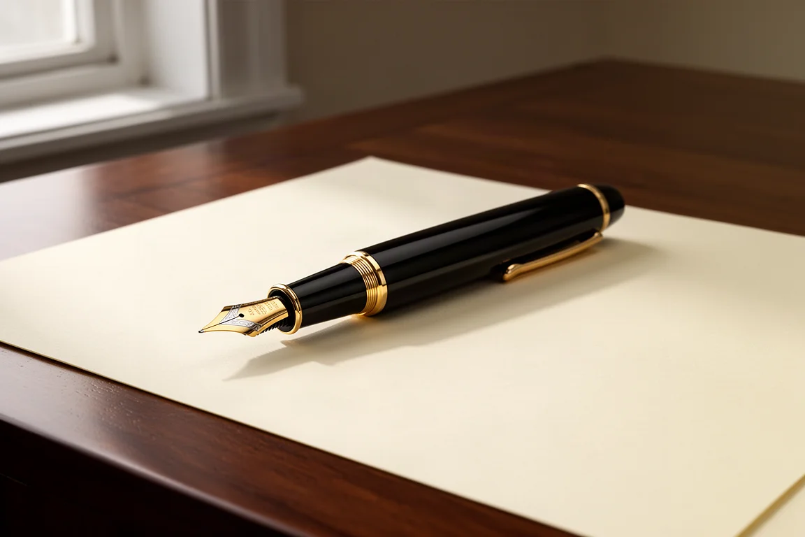 Stilografica oversize in resina nera con rifiniture oro su una scrivania in noce accanto a un foglio di carta