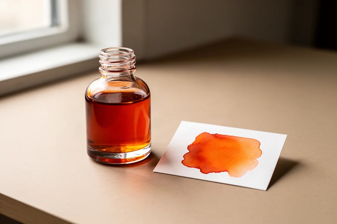 Bottiglia di inchiostro arancione per penna stilografica accanto a un campione del colore su carta