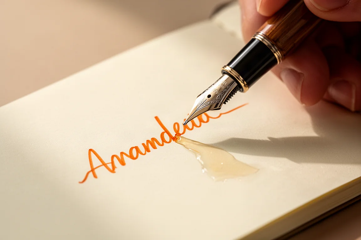Penna stilografica che scrive con inchiostro arancione su una pagina di quaderno