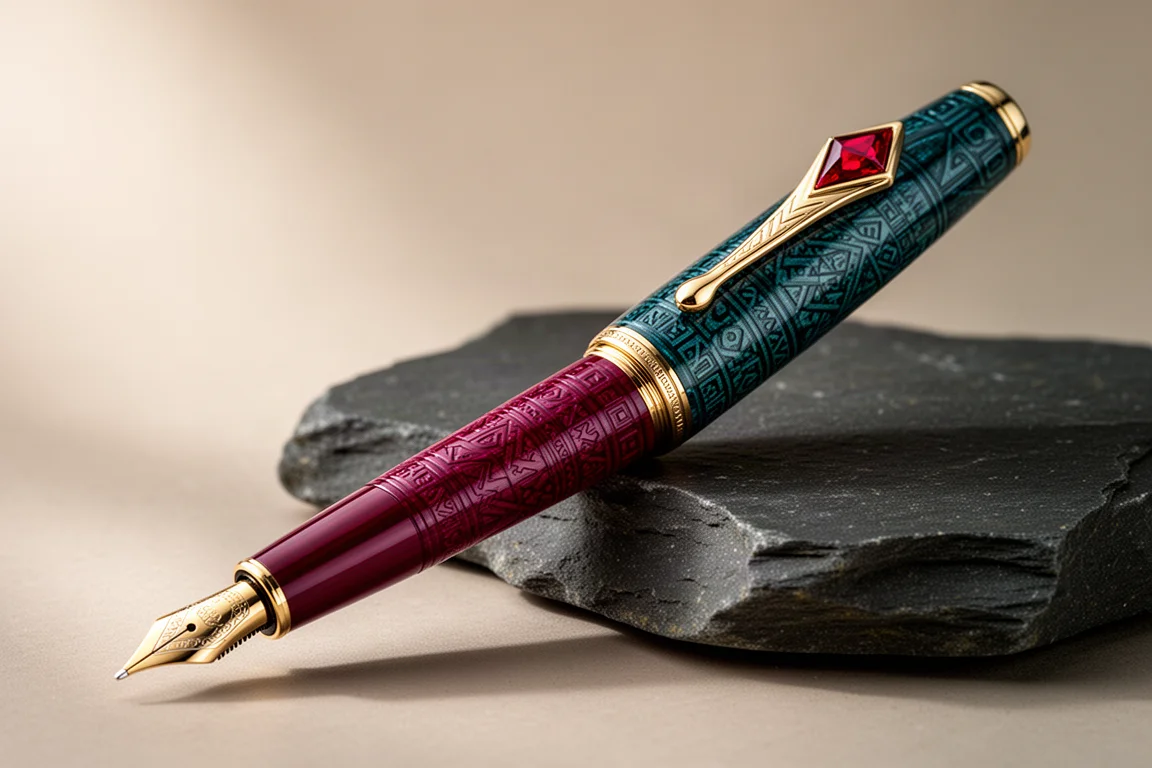 Petrol green and carmine red limited edition fountain pen on a lacquered wooden box