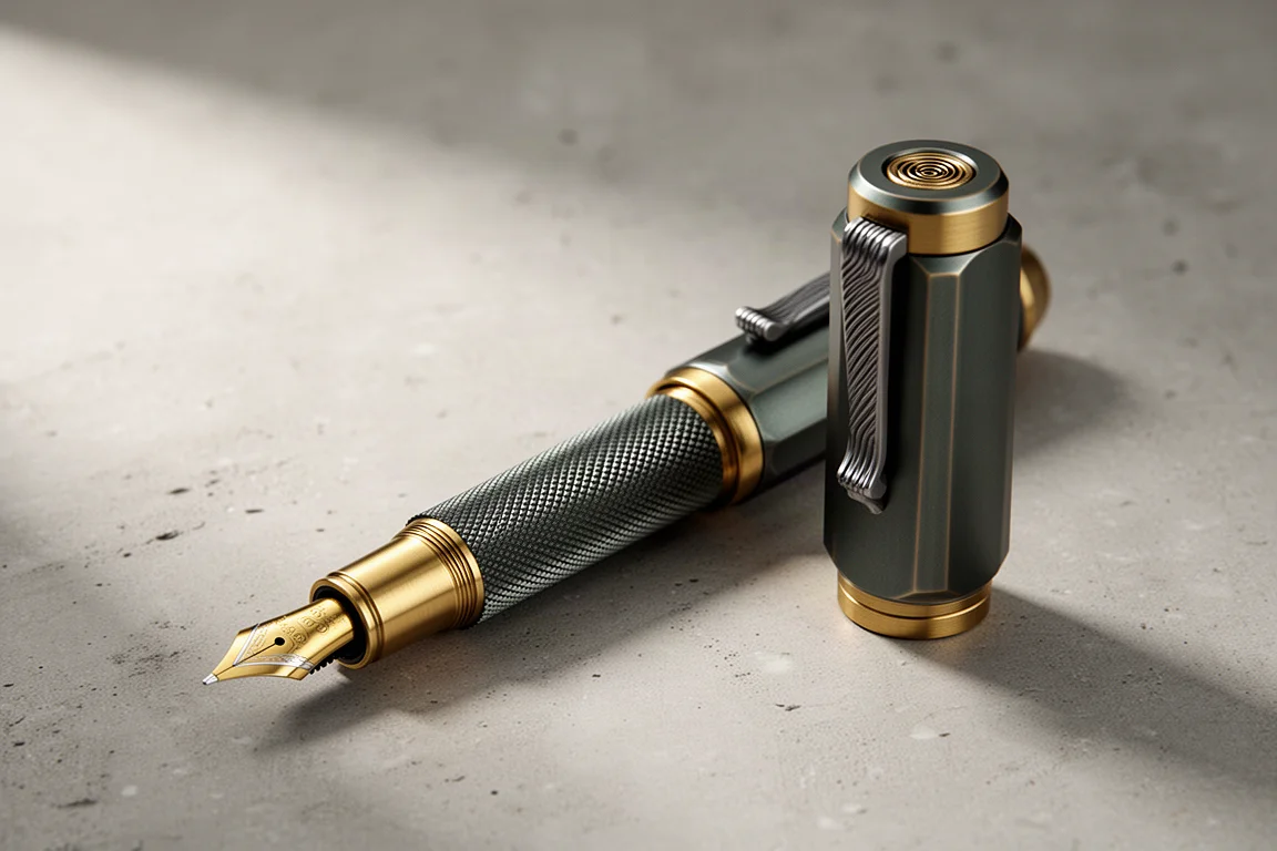 Montegrappa 007 Goldfinger fountain pen with knurled metal barrel on concrete