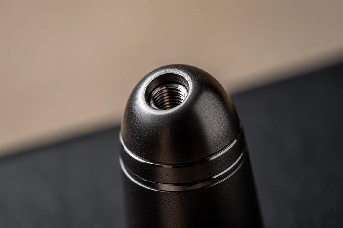 Close-up of the rifled metal cap top of the fountain pen at an angle