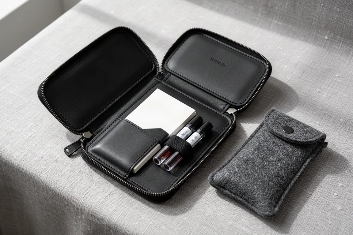 Zippered leatherette pen case with a small notepad and two ink cartridges