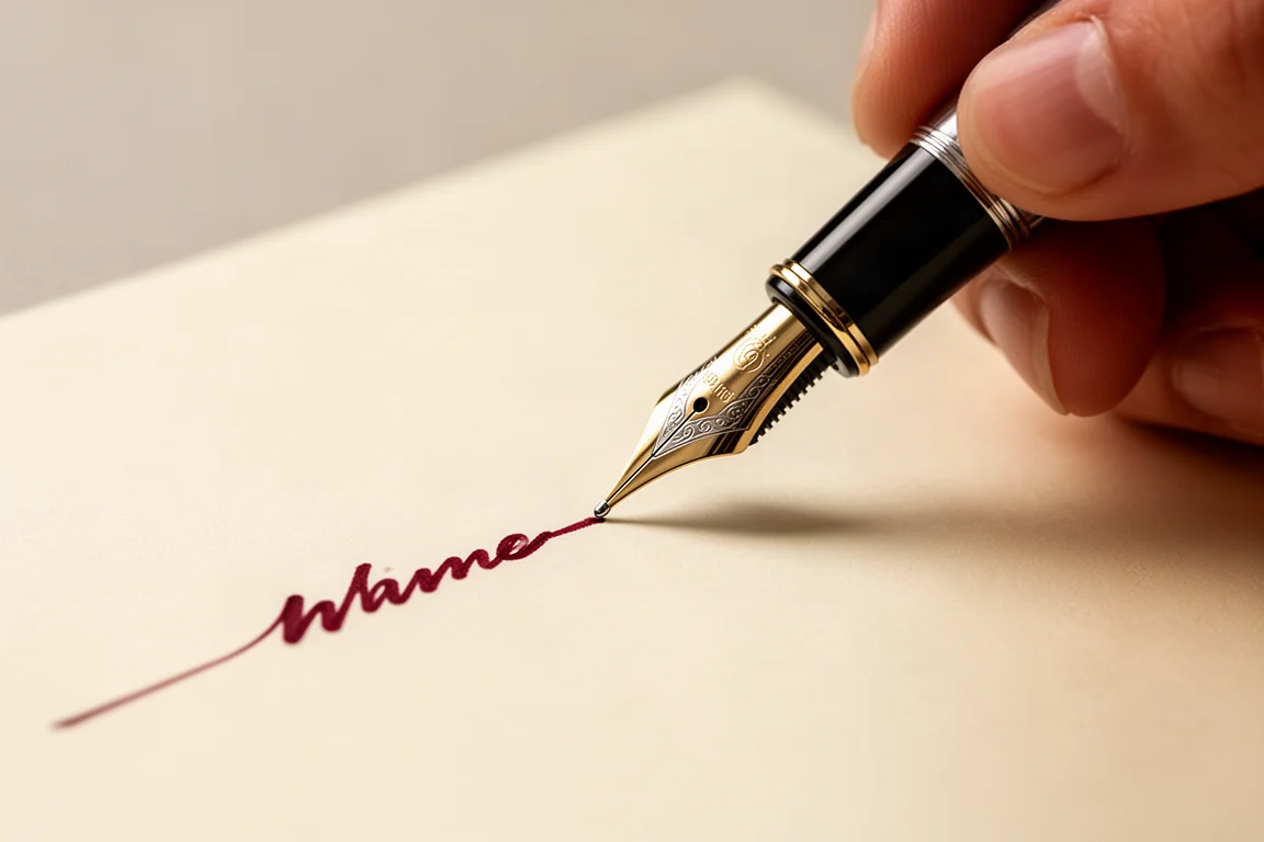 Hand writing on paper with a dark metal fountain pen and red ink