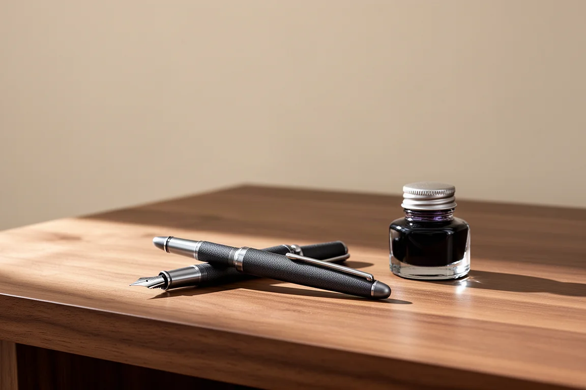 Fountain pen unposted on a wooden desk beside an ink bottle