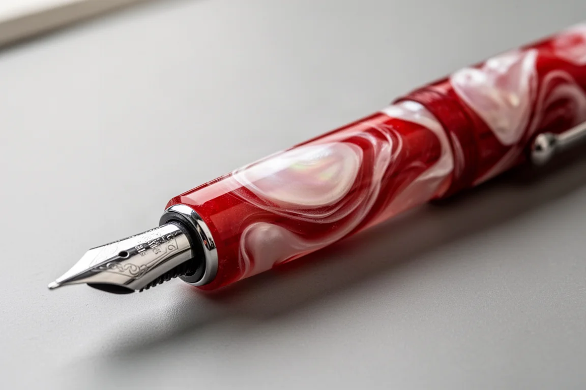Gros plan sur la résine marbrée rouge et blanche du stylo sur un bureau neutre