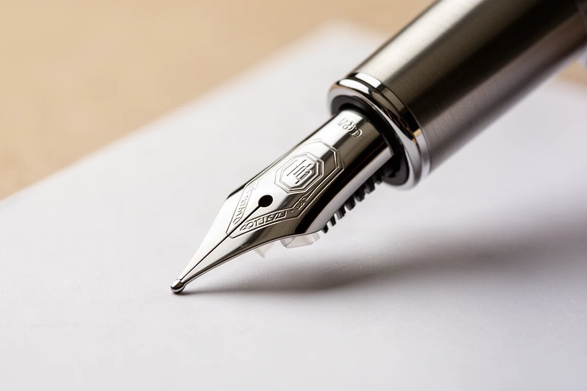 Gros plan sur la plume du stylo plume avec sa pointe en acier poli sur le papier