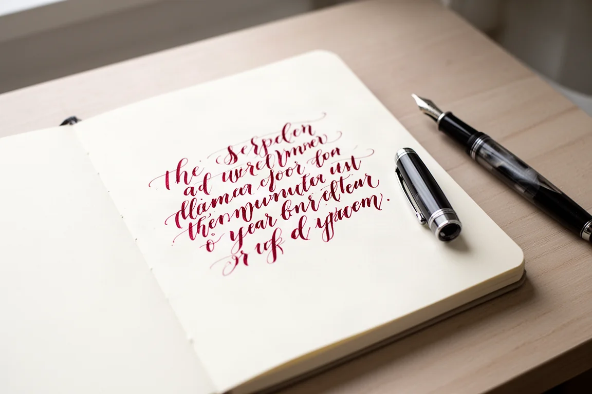 Échantillon d'écriture à l'encre rouge profonde scintillante sur papier blanc