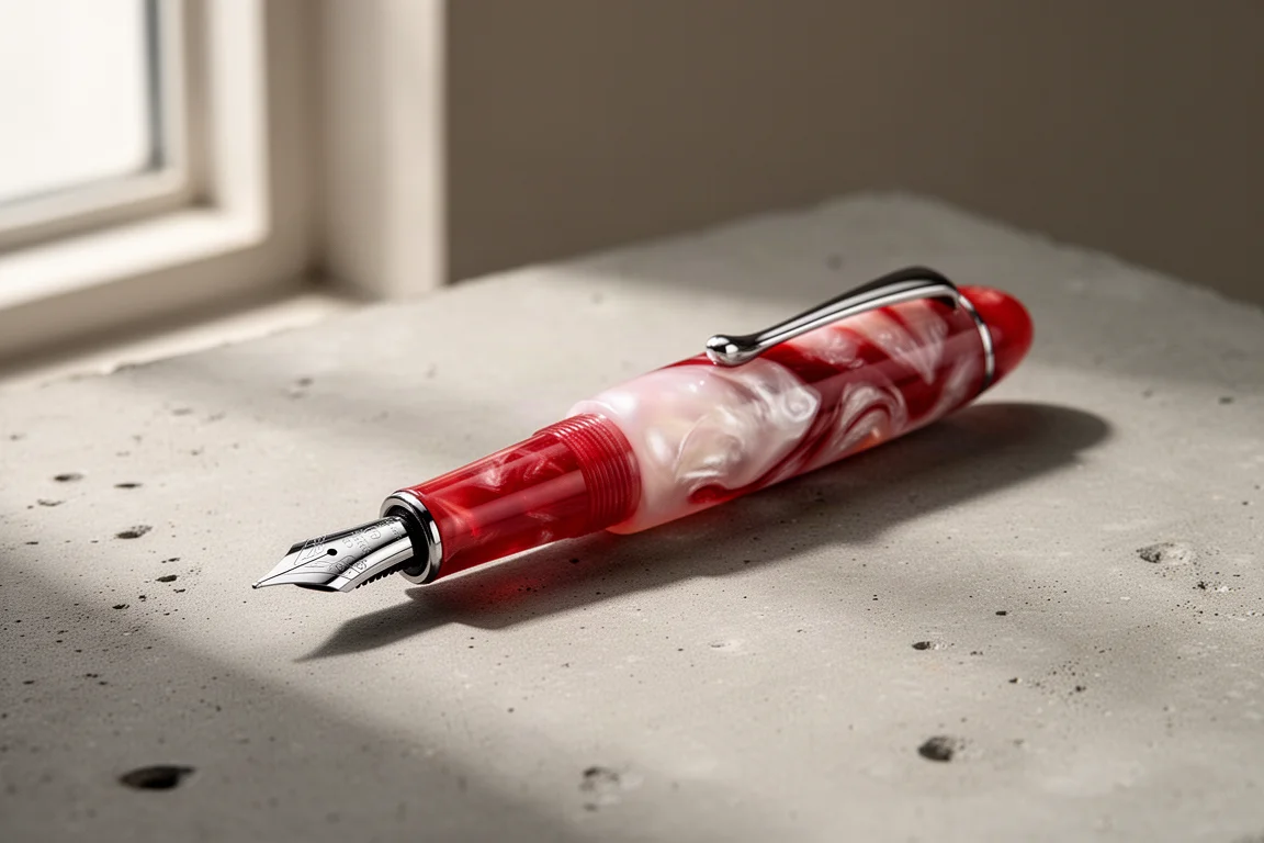 Montegrappa Elmo Raspberry Ripple fountain pen with red and white swirled resin on a concrete surface