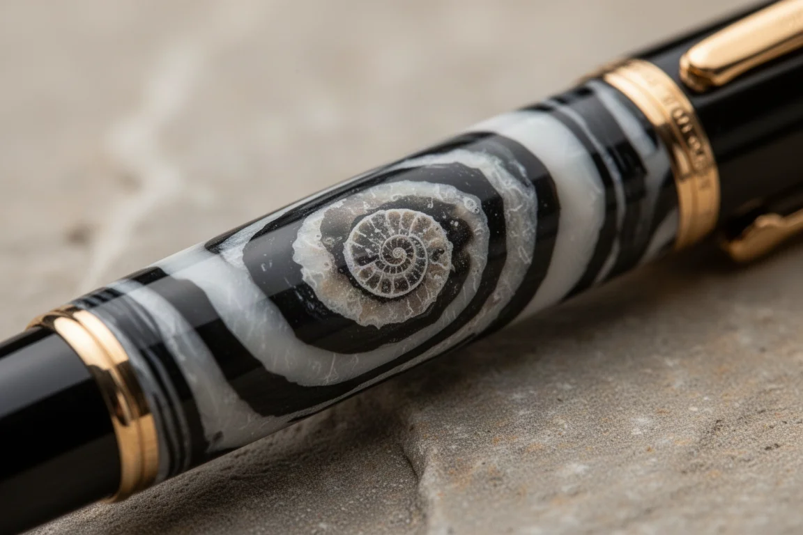 Close-up of black and white striped zebra celluloid on a fountain pen barrel
