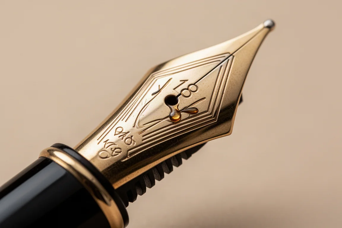 Detail of an octagonal 18k gold fountain pen nib and ebonite feed