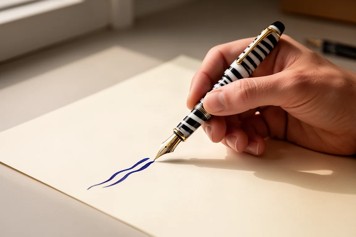 Hand writing with a fountain pen on cream paper with deep blue ink