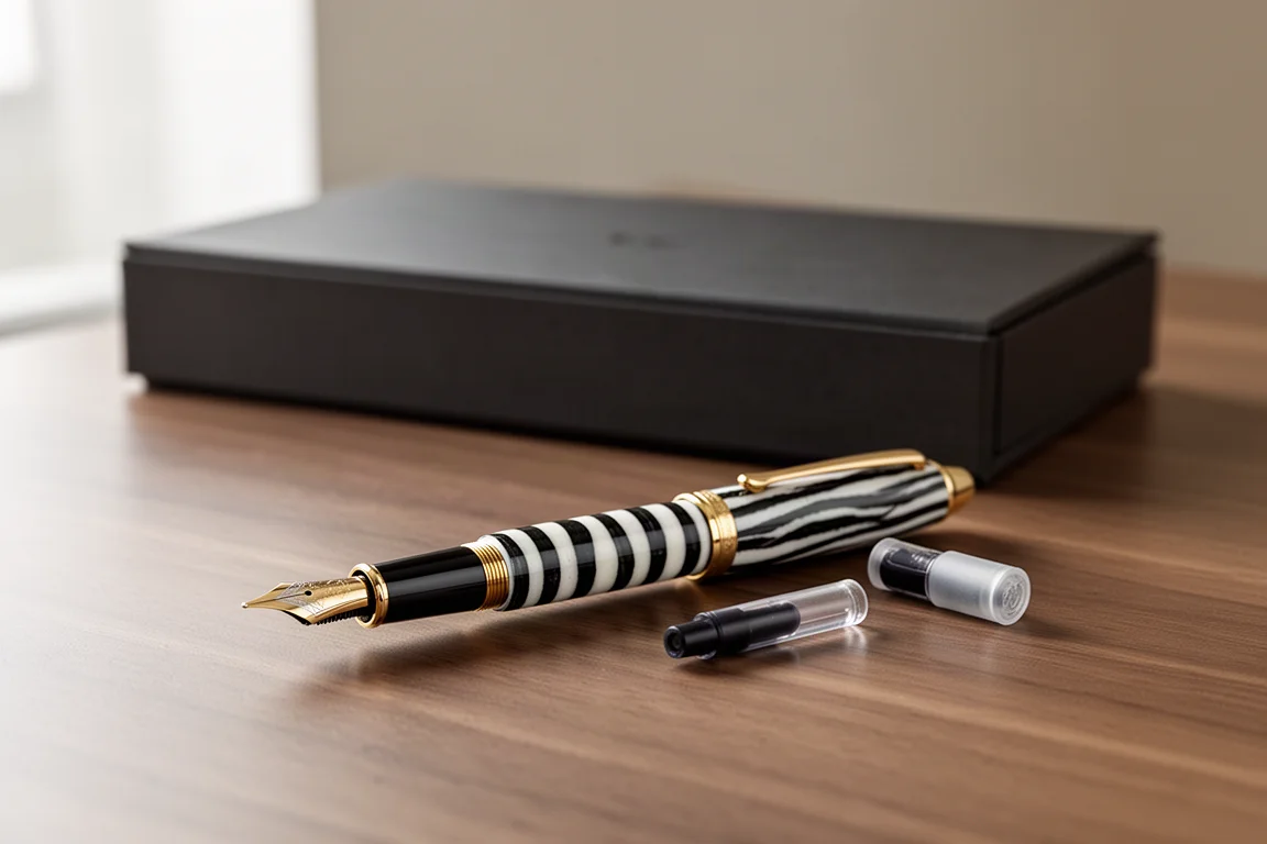Luxury fountain pen resting on a neutral desk beside its presentation box