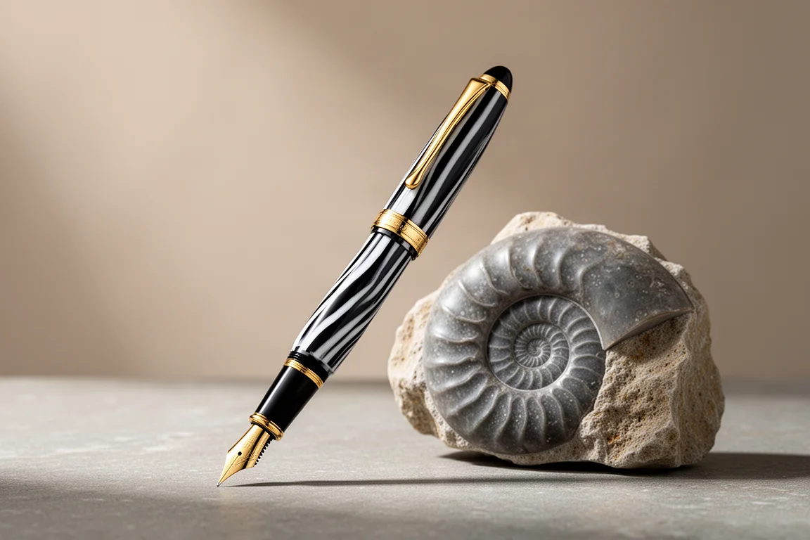 Montegrappa Orthocera fountain pen in zebra celluloid beside a nautiloid fossil