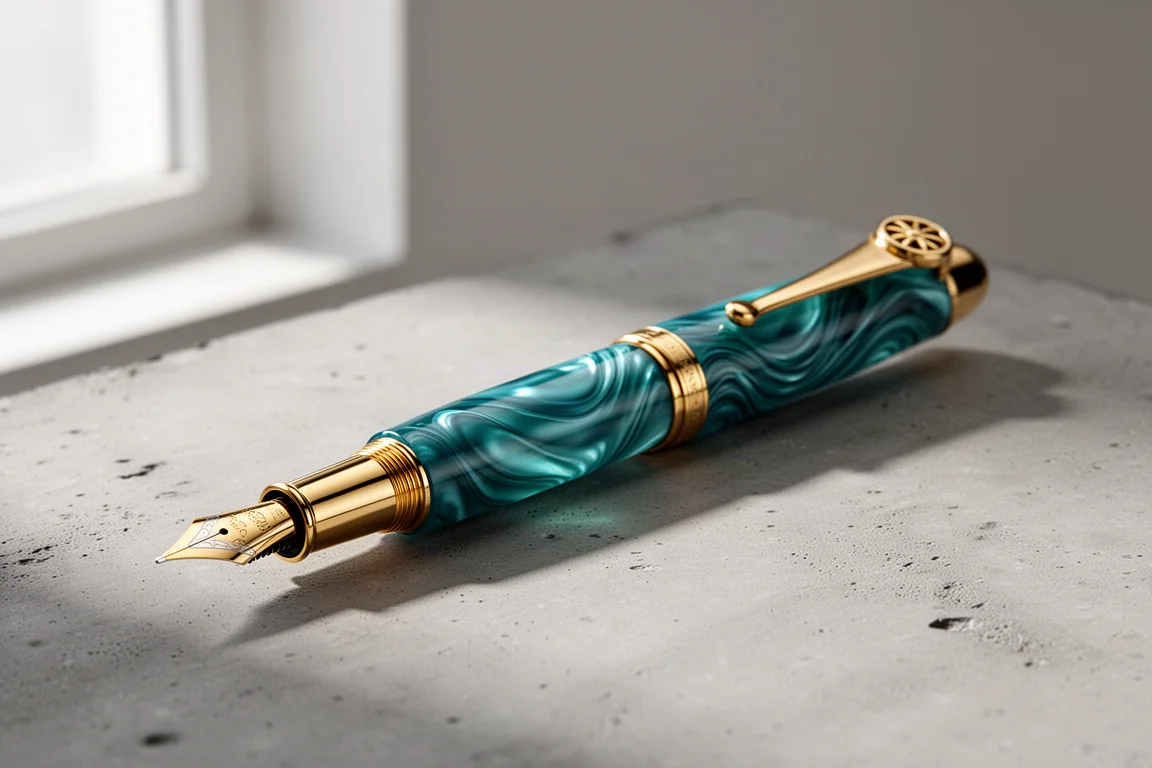 Montegrappa Venetia Turquoise fountain pen with gold trim on a neutral surface
