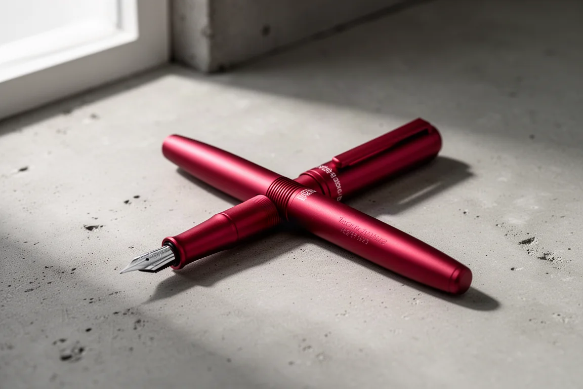 Matte red aluminum fountain pen lying diagonally on a concrete surface