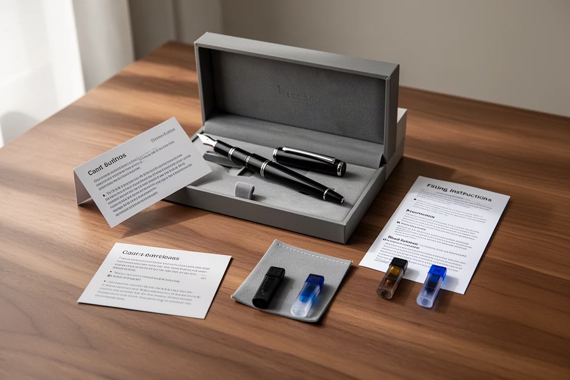 Confezione della penna stilografica con documentazione, cartucce e una scheda informativa su una scrivania