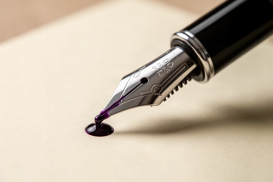 Primo piano di un pennino in acciaio di una penna stilografica con inchiostro che scorre dalla punta sulla carta