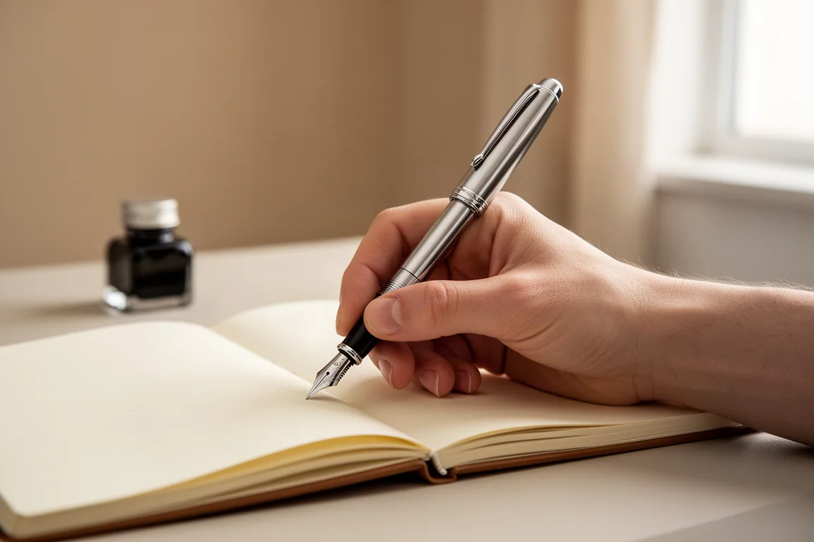 Una mano che scrive con una grande penna stilografica con cappuccio montato su un quaderno aperto