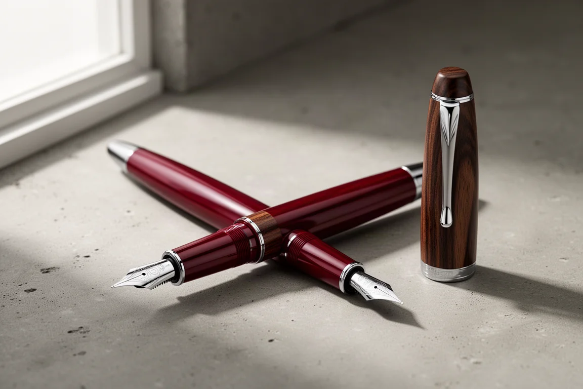 Large dark red fountain pen with walnut cap ring lying on a concrete surface