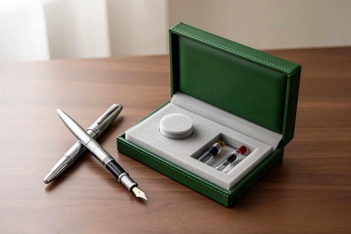 Fountain pen resting beside an open gift box with a green faux leather lid