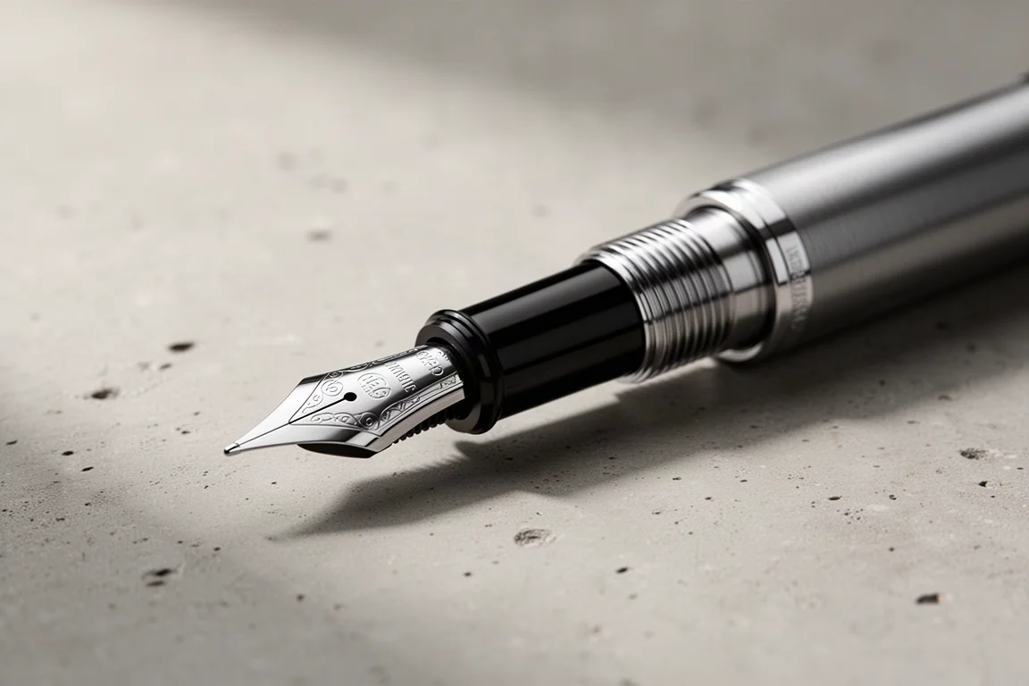 Fountain pen section and nib unscrewed from barrel on a desk