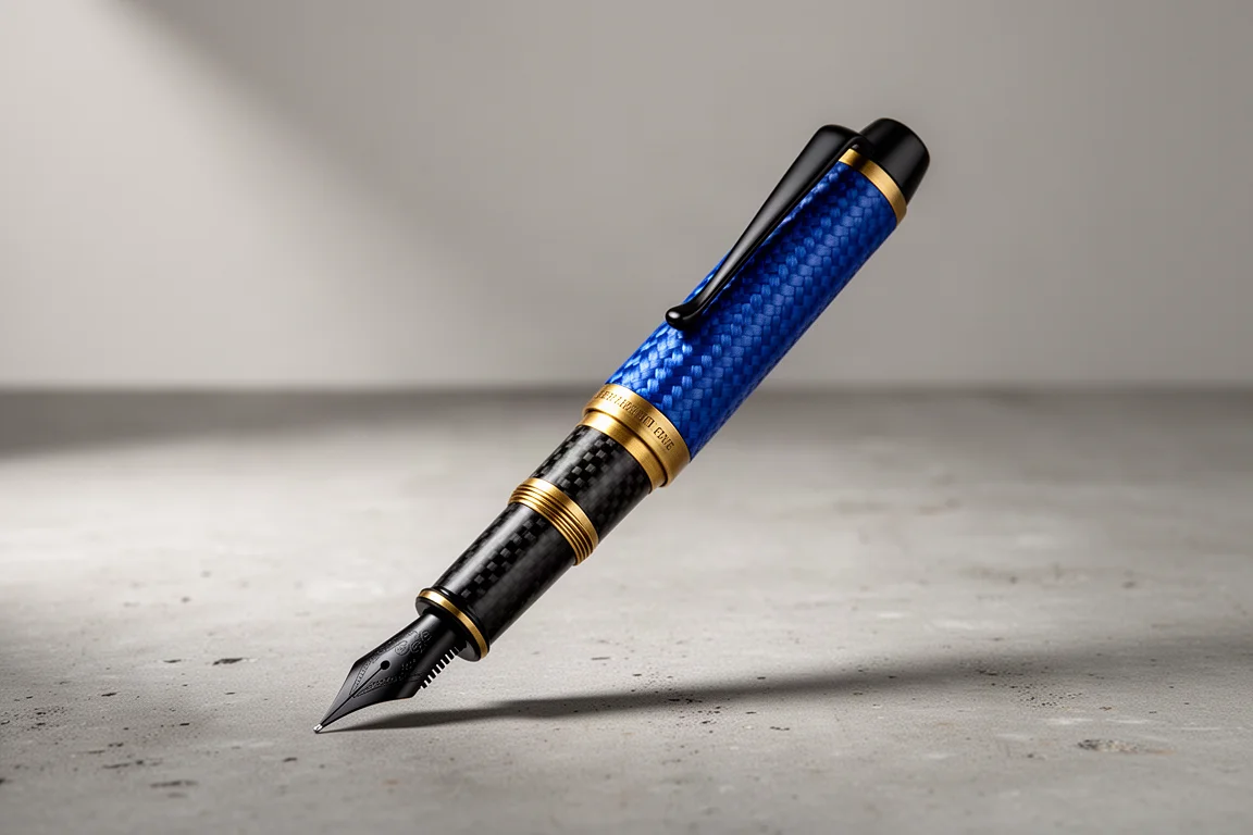 Penna stilografica blu con barrel in acciaio intrecciato e anello in fibra di carbonio su superficie di cemento