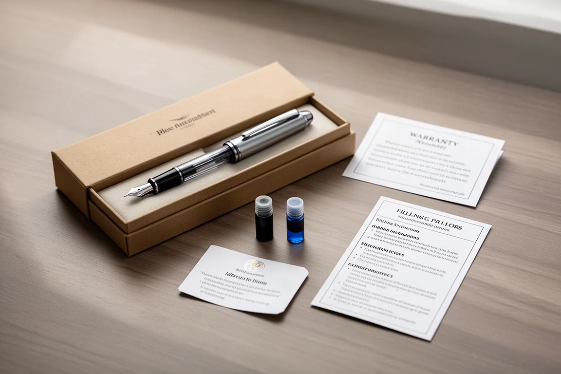 Fountain pen and box contents laid out on a desk with cartridges and paperwork