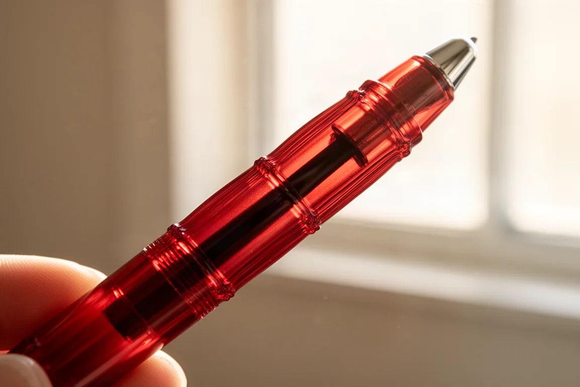 Close-up of a ribbed translucent red pen barrel held up to bright light showing ink level