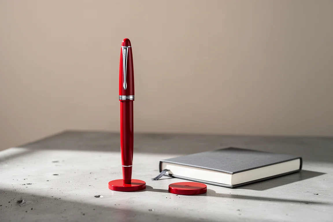 Fountain pen posted with cap on, standing on a desk next to a small notebook