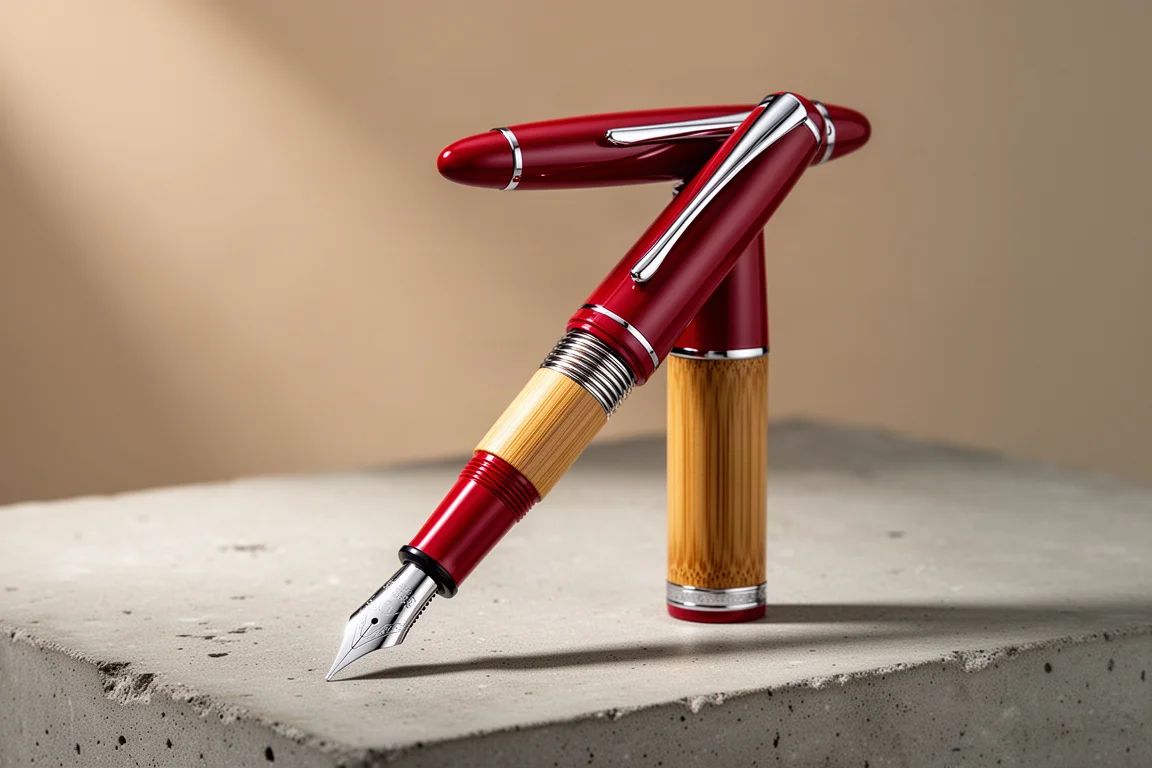 Glossy red Monteverde Laguna fountain pen standing upright on a concrete surface