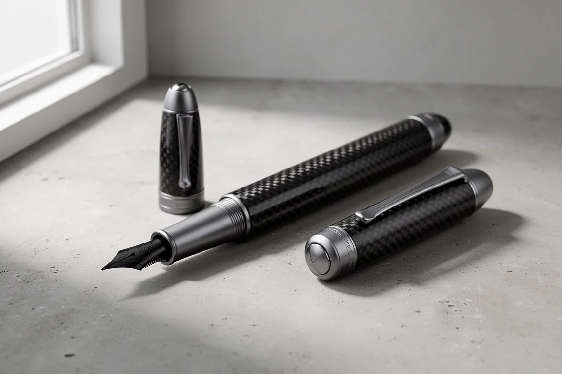 Large carbon fiber fountain pen with gunmetal trim lying on a concrete surface