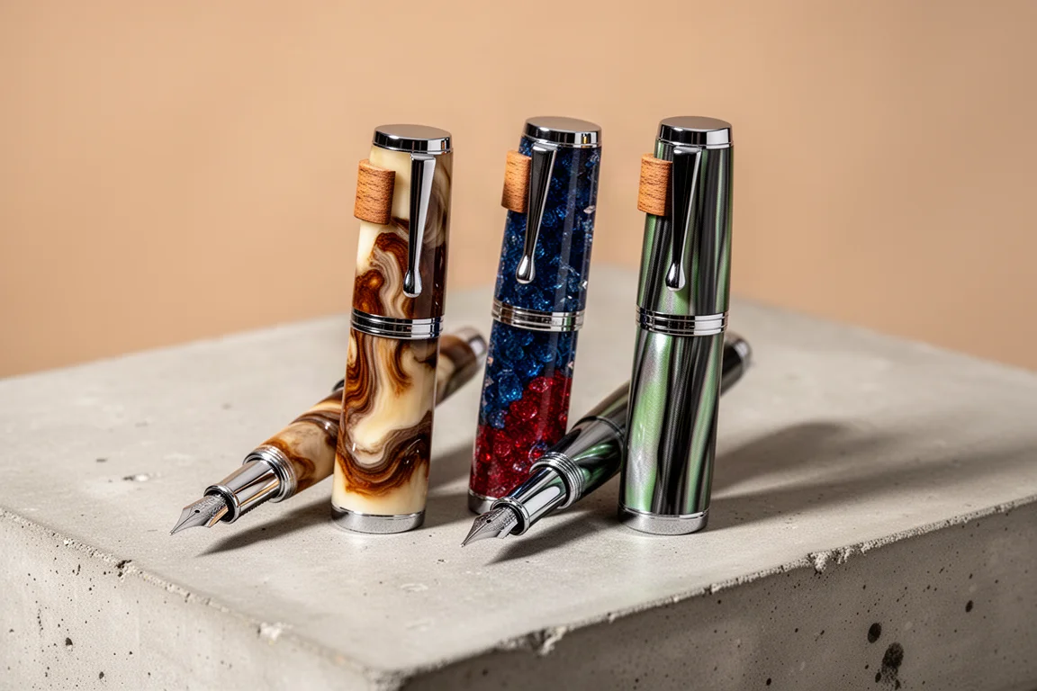 Three Monteverde Trees of the World fountain pens with different resin patterns on a concrete surface