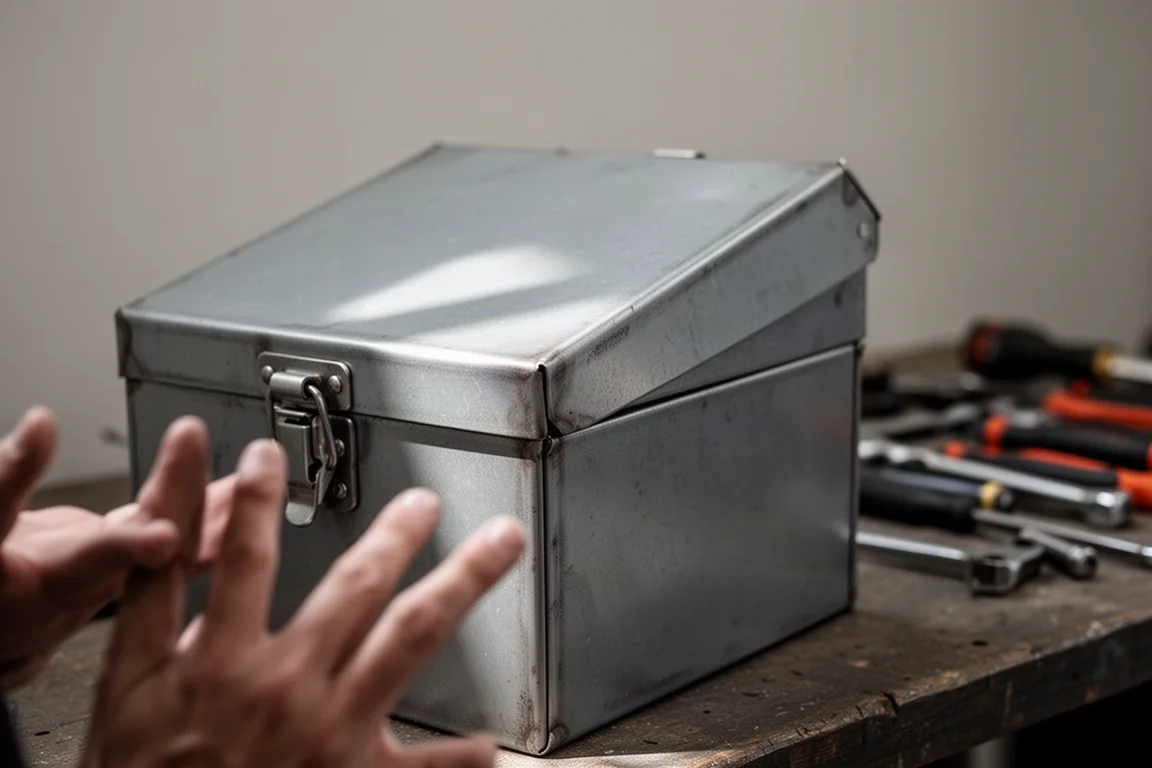 Tapa de la caja de herramientas cerrada sobre un banco de trabajo sin nada suelto en su interior