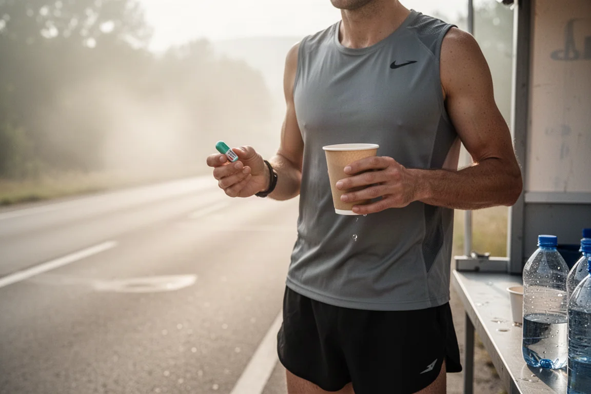 Corredor tomando cápsulas de sal con agua durante una carrera de larga distancia con calor