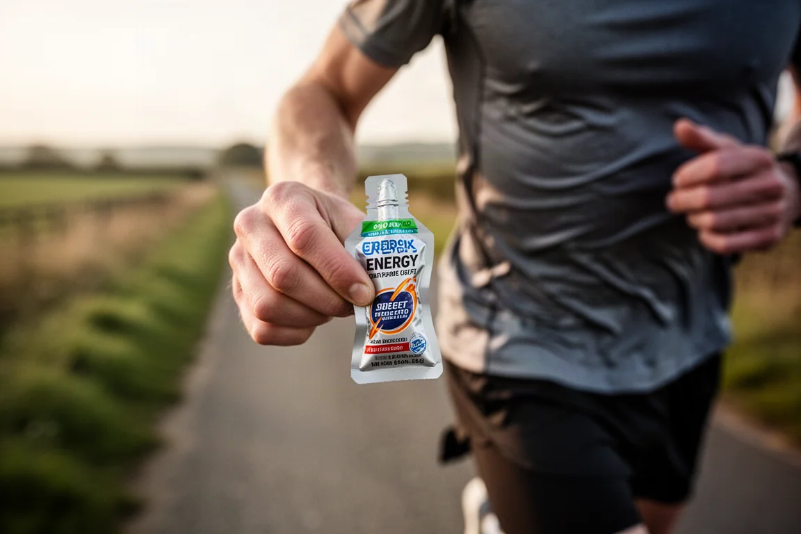 Primer plano de un gel de bebida premezclado que se toma durante una carrera larga