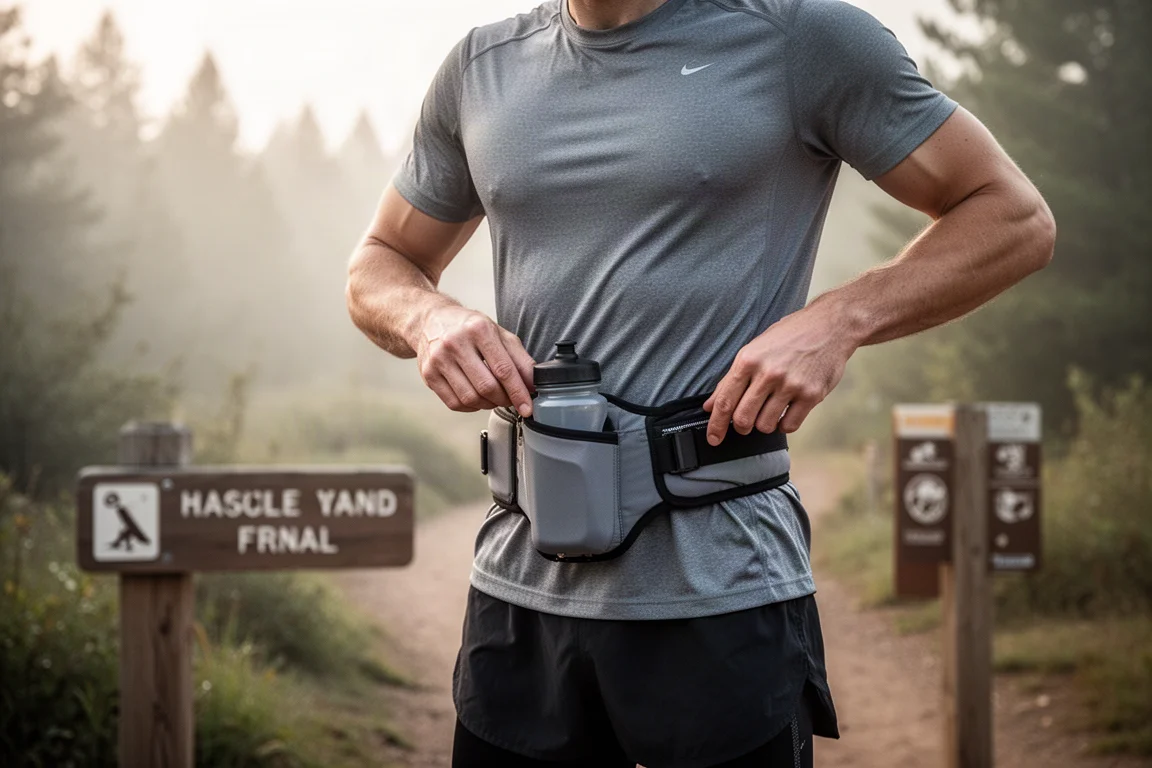 Corredor ajustándose un cinturón de running acolchado con botella de agua antes de correr