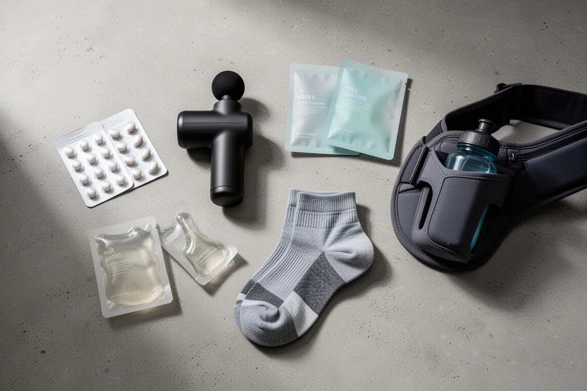Flat-lay of running gear including salt tabs, massage gun, gels, socks, and a hydration belt