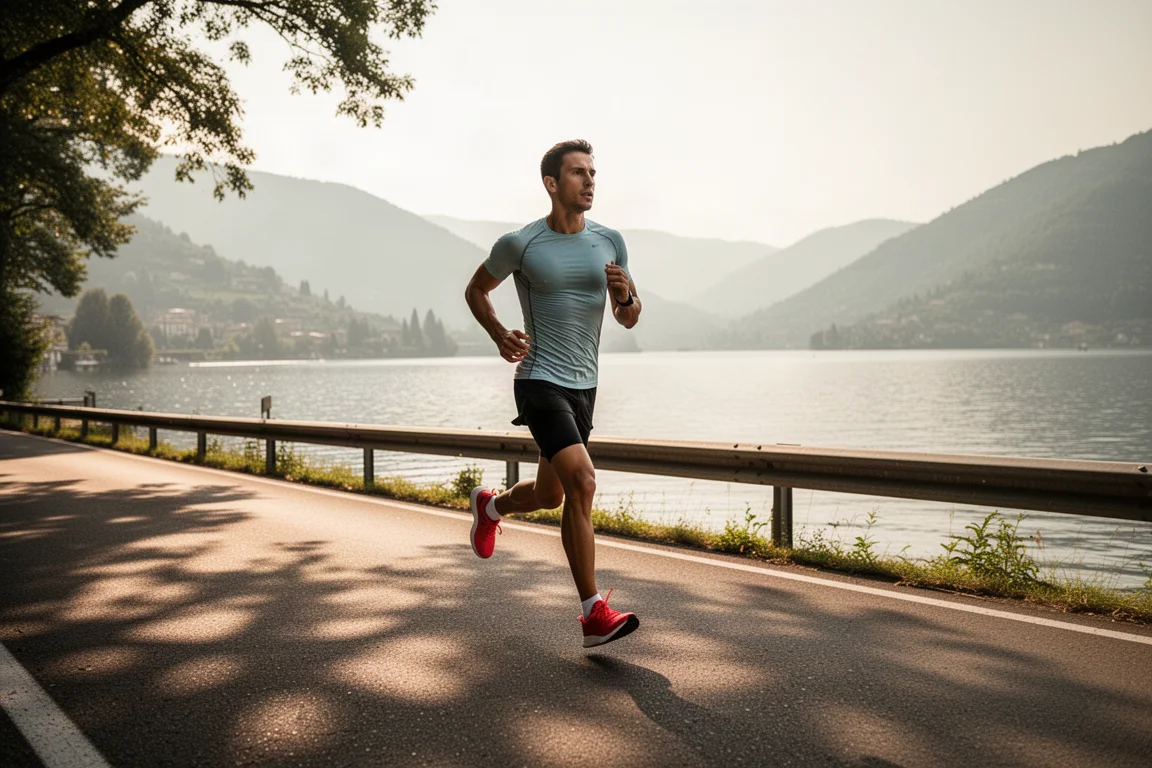 Corridore con cuffie sportive a condotta aperta in una via cittadina autunnale all'alba